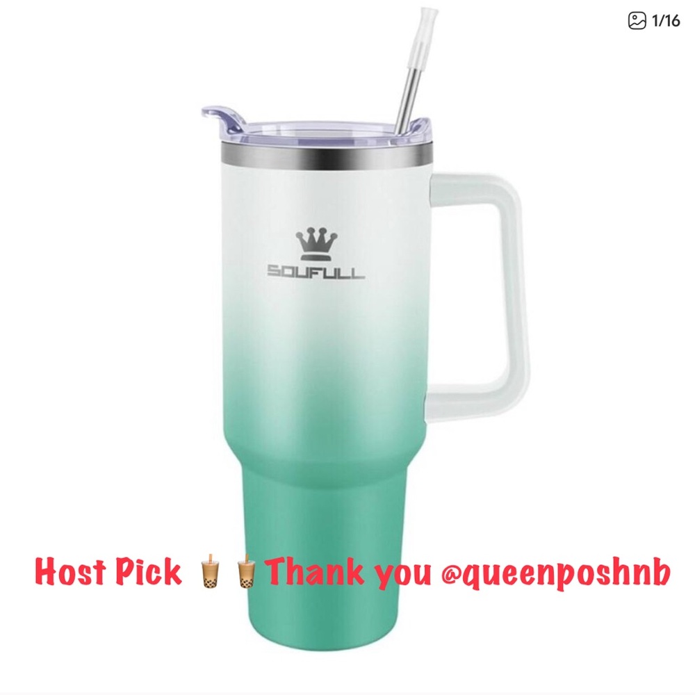 Soufull Double Insulated 40 oz Travel Tumbler Ombre Green Screw Top Lid & Straw